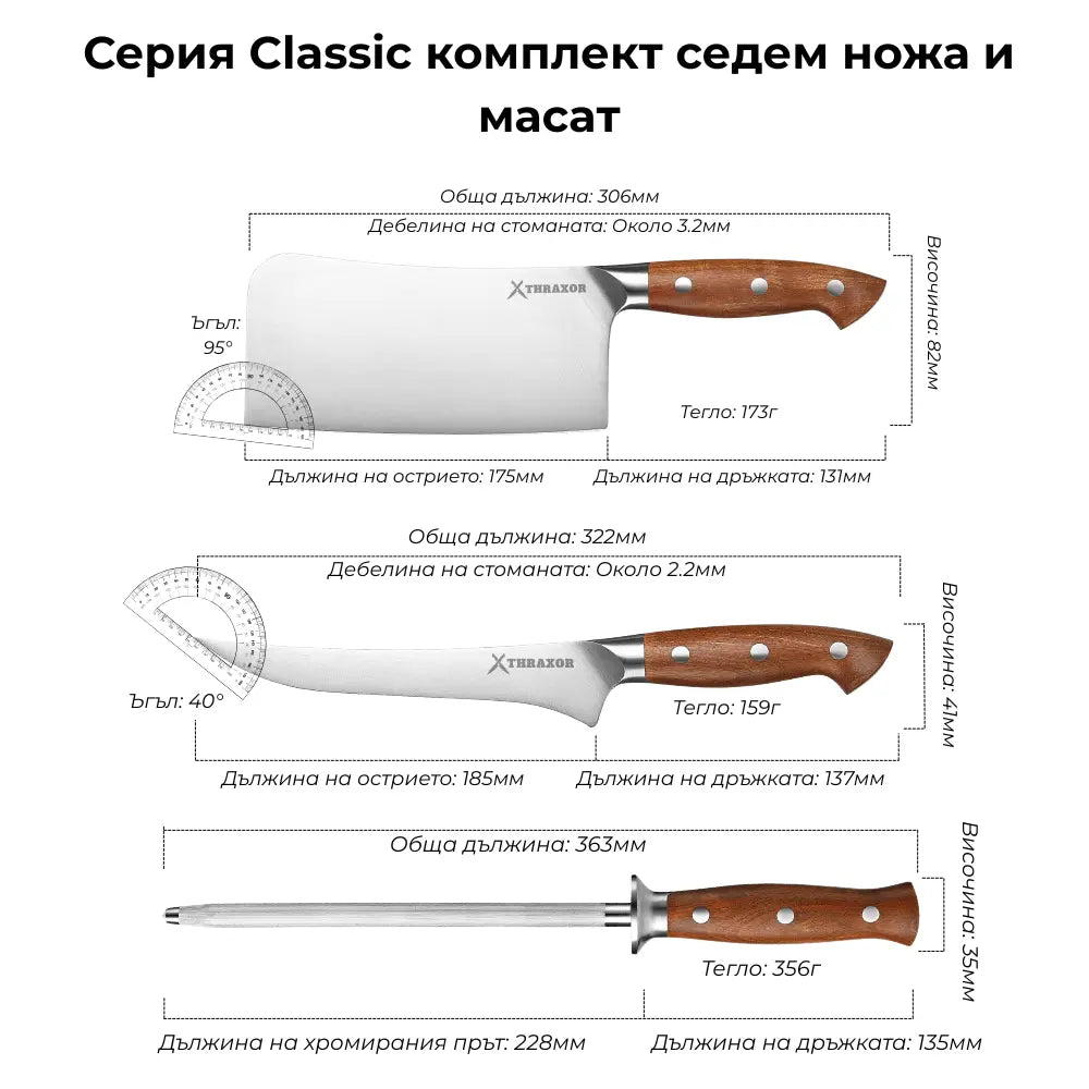 Комплект Classic от седем ножа немска стомана и масат.